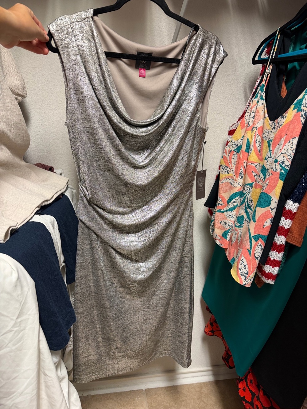 Vince Camuto Metallic Silver Drape Neck Sleeveless Tunic